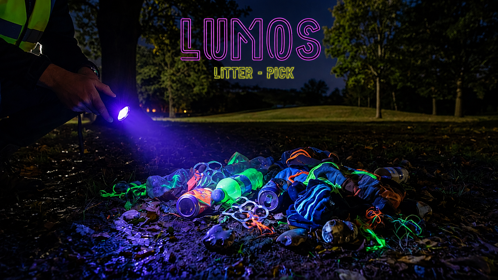 Lumos Litter Pick and Fulfilment in Nature logos with UV-lit litter