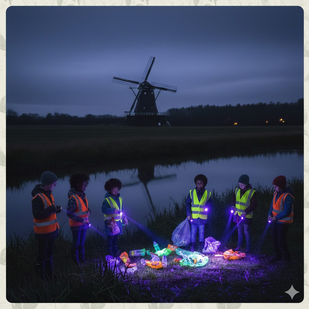 A Lumos Litter Pick group beside a windmill at night