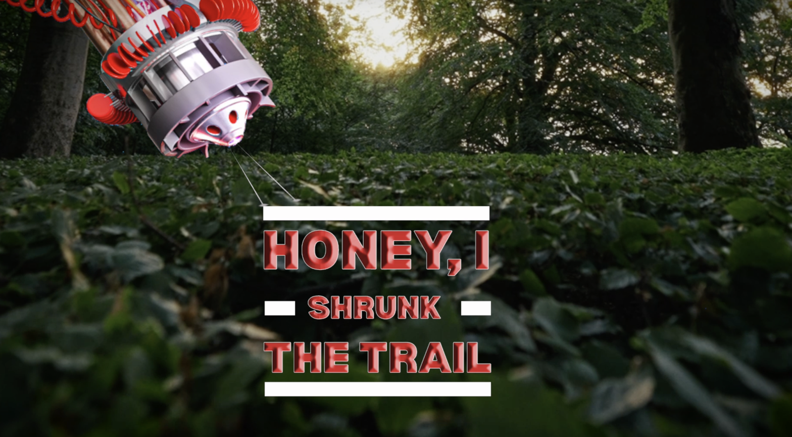 Honey, I Shrunk the Trail logo in the woods